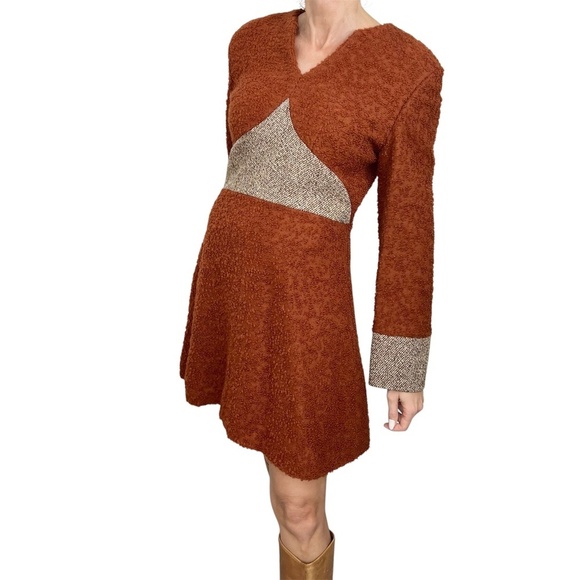 Rare vintage 60s Mod boucle rust brown a line long sleeve mini dress - Picture 1 of 14